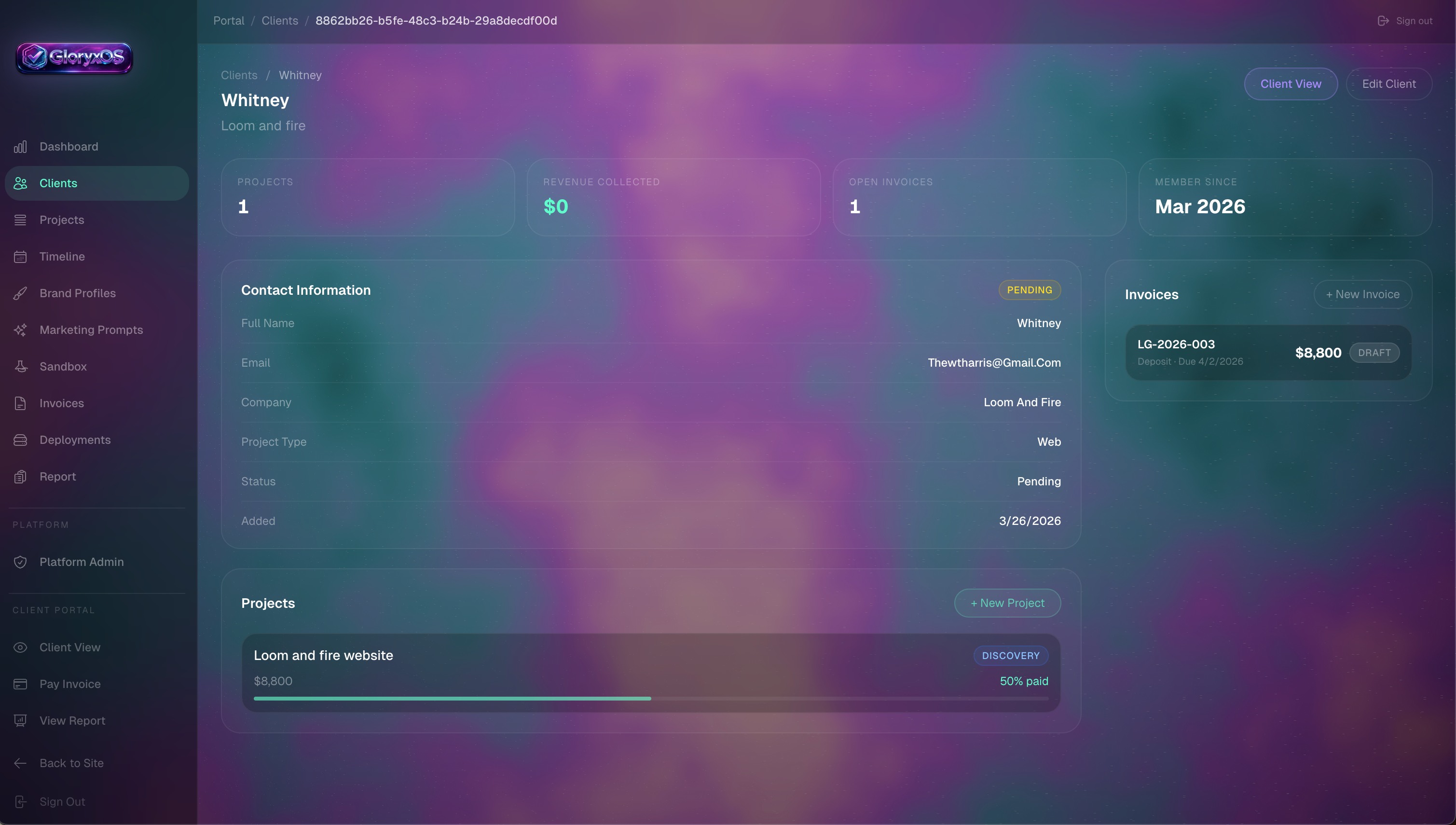 Client CRM - Full client profiles with projects, invoices, and contact info